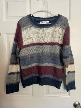 Victoria Jones Wool Blend Women's S Striped Knit Sweater Blue, Cream & Burgundy
